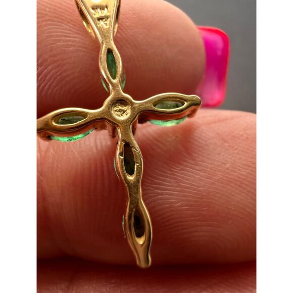 Vintage 14K Yellow Gold Emerald & Diamond Marquise Cross Pendant - Picture 14 of 16